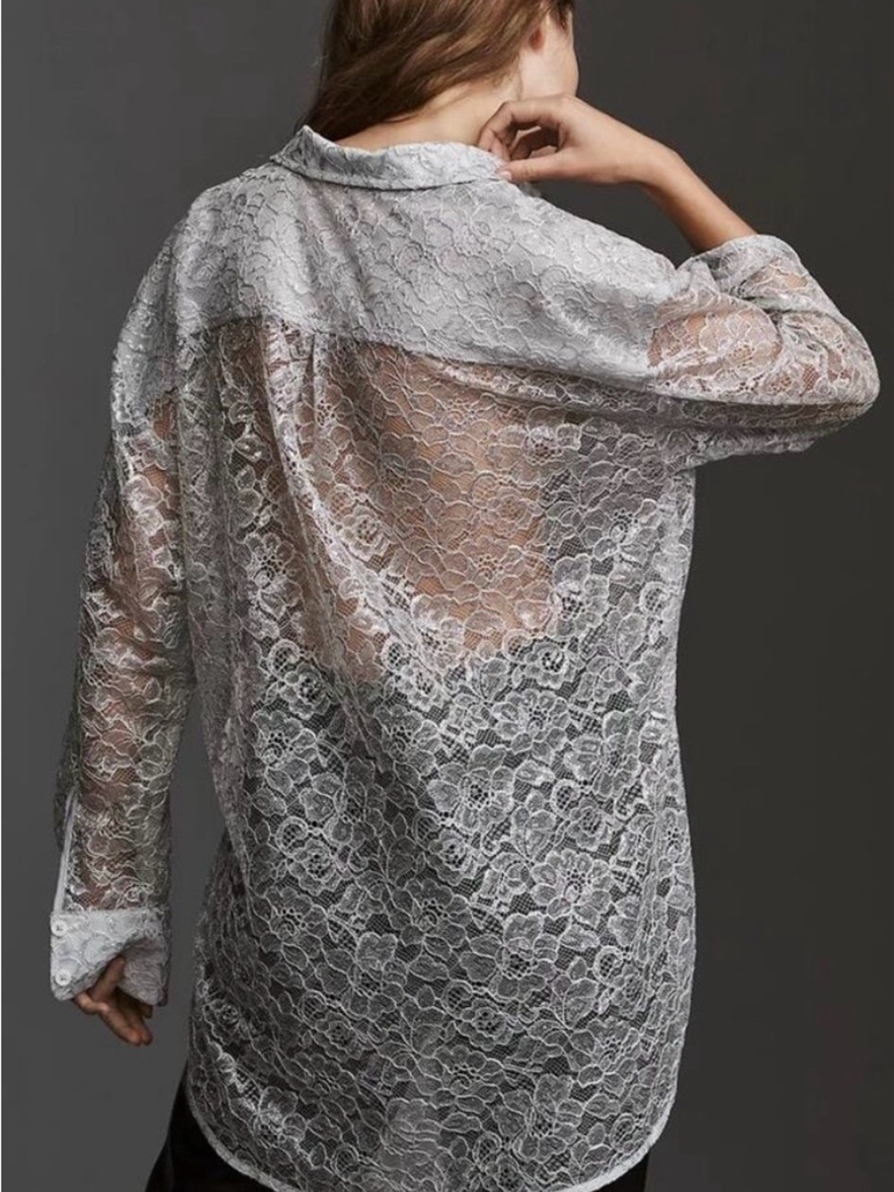 Anthropologie Sheer Silver Lace Button-Up Blouse